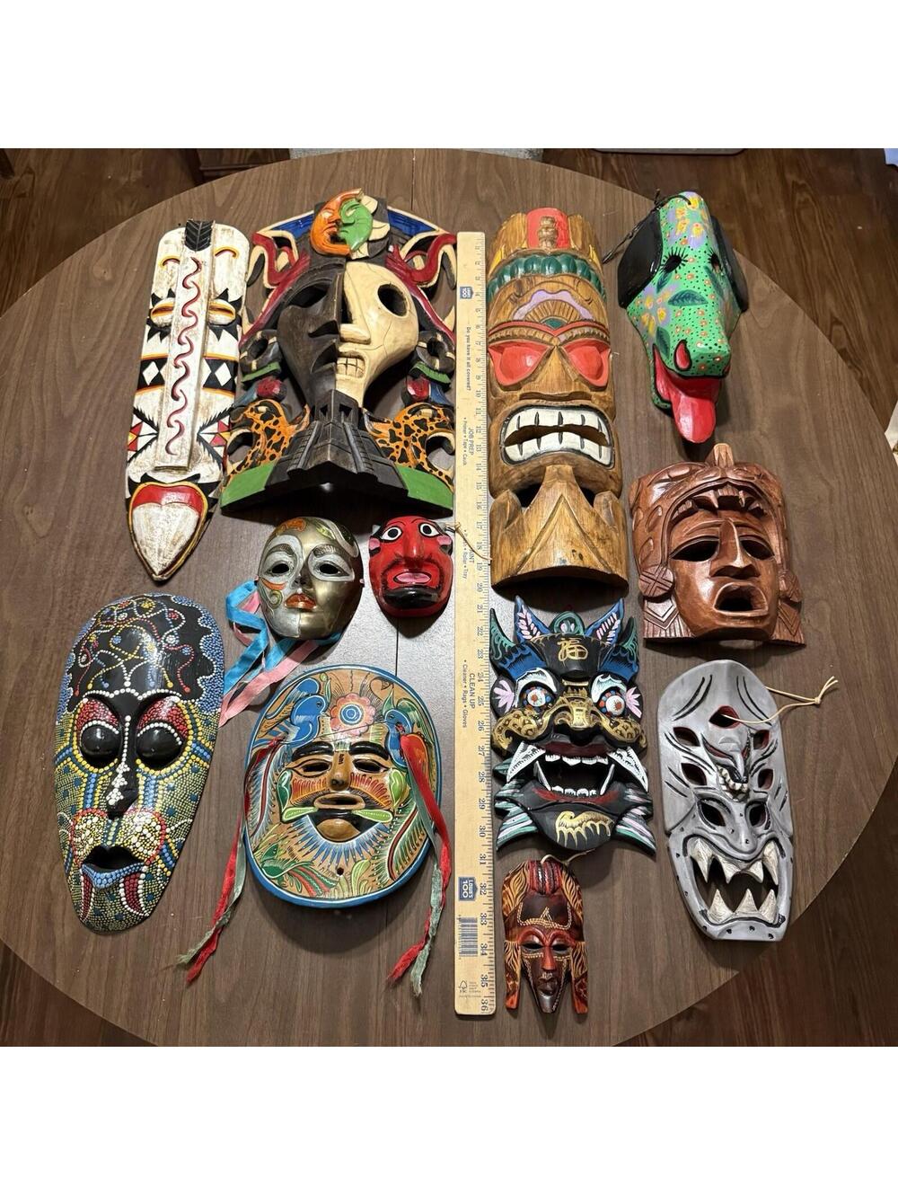 Vintage 80s/90s RARE Aztec Wooden/ Brass/Terracotta Painted Masks‎ 12 Pc Bundle